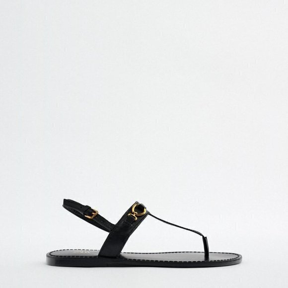 NEW ZARA FLAT LEATHER SANDAL WITH BUCKLE BLACK WOMENS‎ SIZE 8 METAL BUCKLE - Picture 6 of 7